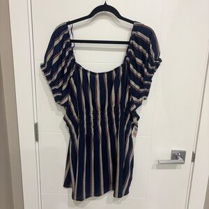 NWT My Style Striped Navy Short Sleeve Smocked Waist Peasant Tunic Top